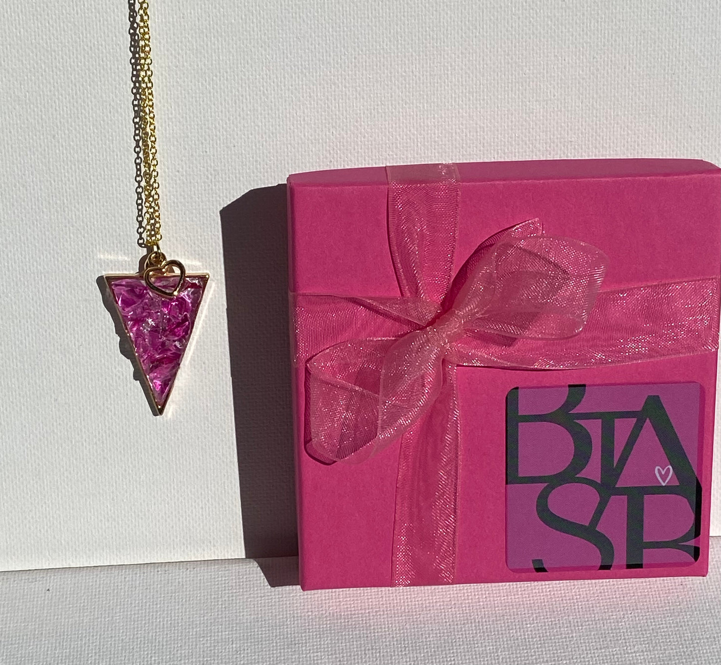 Triangle Barbiecore Pink Necklace - Made from Recycled Glass -  Heart Charm