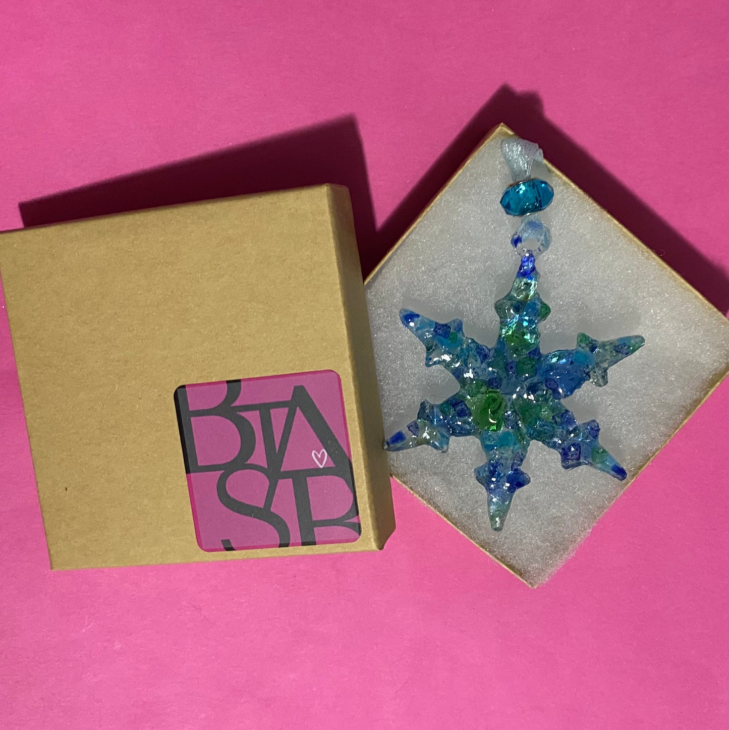 Sea Glass Snowflake Ornament - Sparkle Ribbon