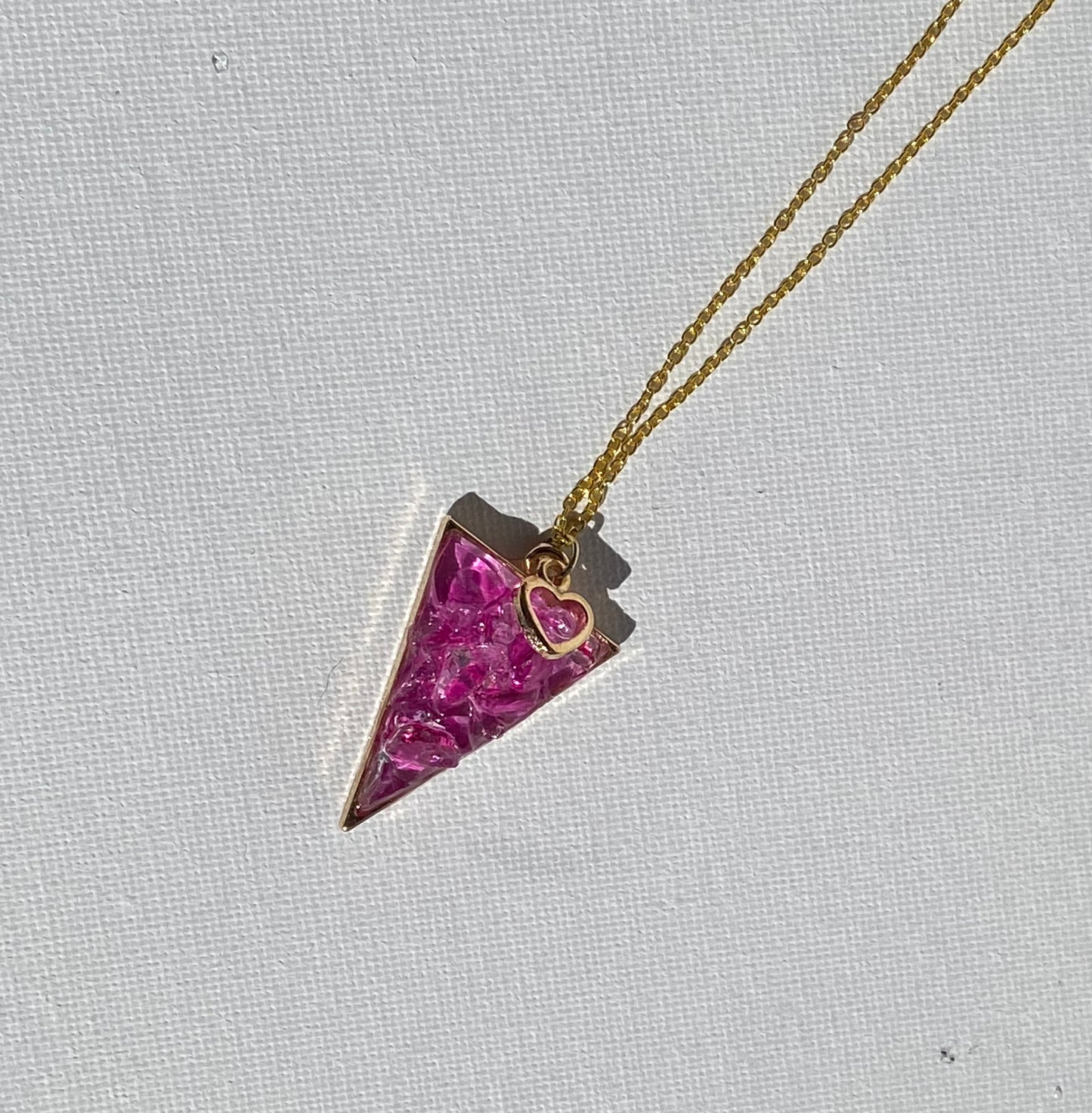 Triangle Barbiecore Pink Necklace - Made from Recycled Glass -  Heart Charm