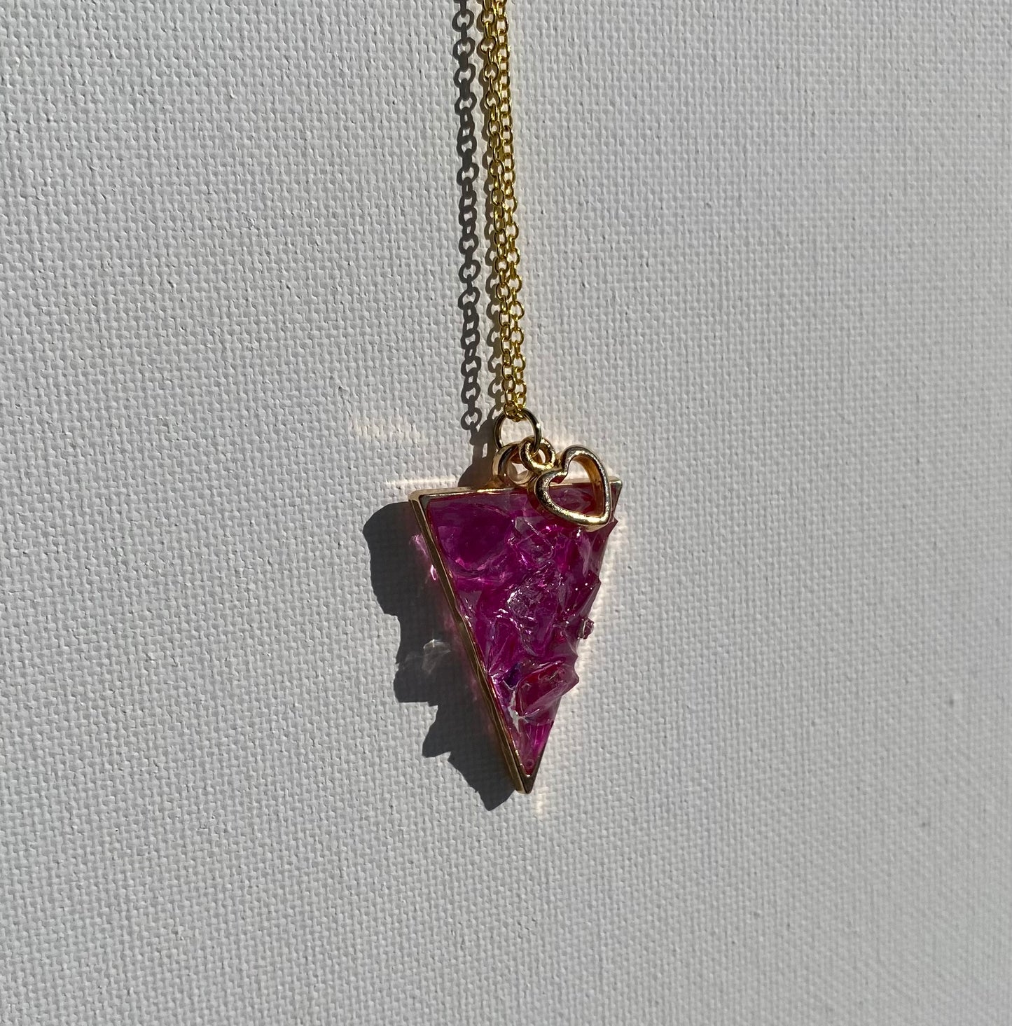 Triangle Barbiecore Pink Necklace - Made from Recycled Glass -  Heart Charm