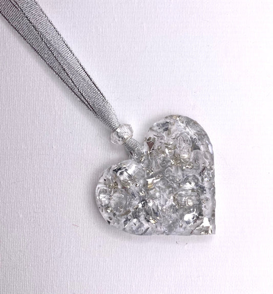 Silver Sparkle Perfectly Imperfect Heart with Heart Ornament made from Recycled Glass