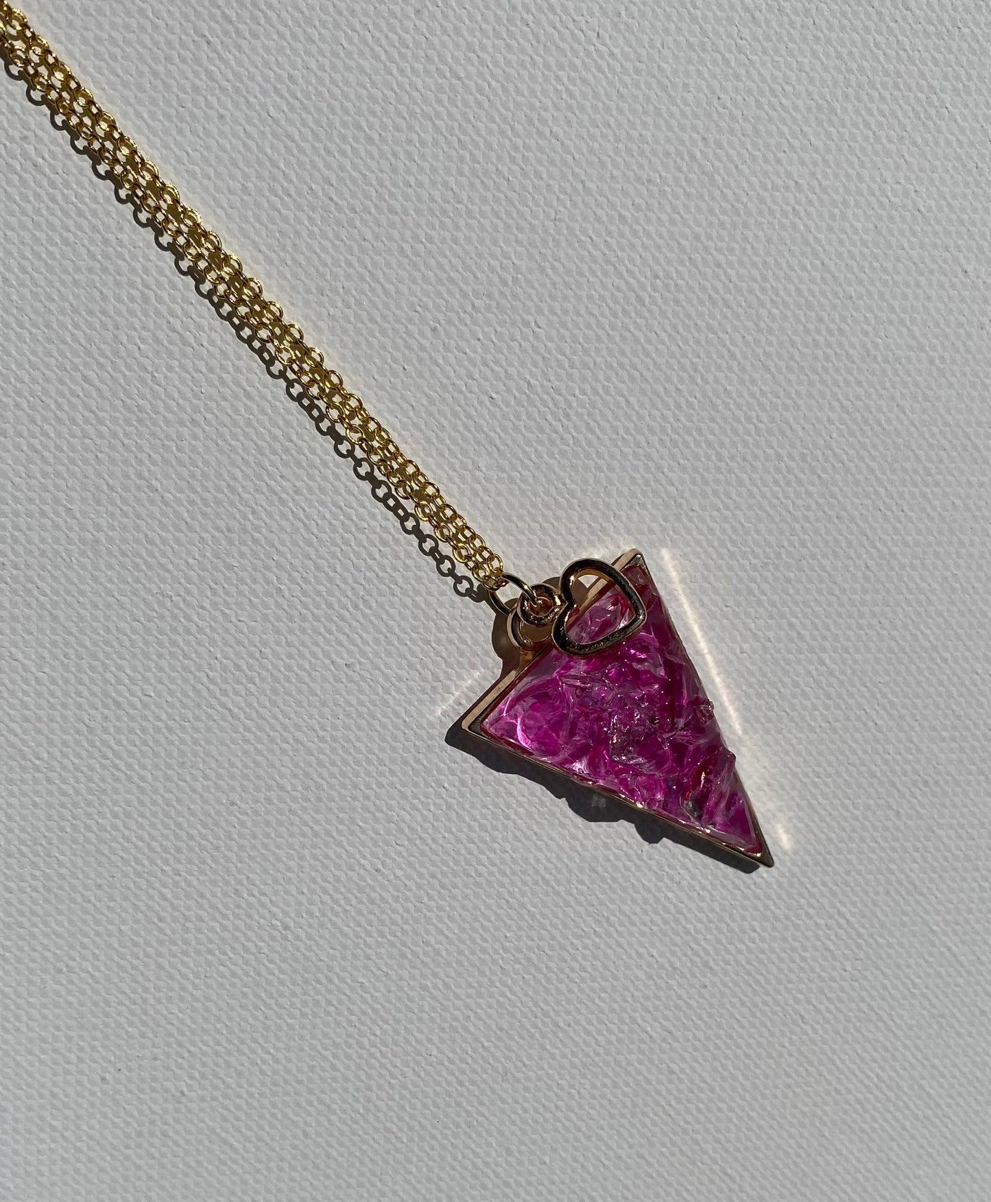 Triangle Barbiecore Pink Necklace - Made from Recycled Glass -  Heart Charm