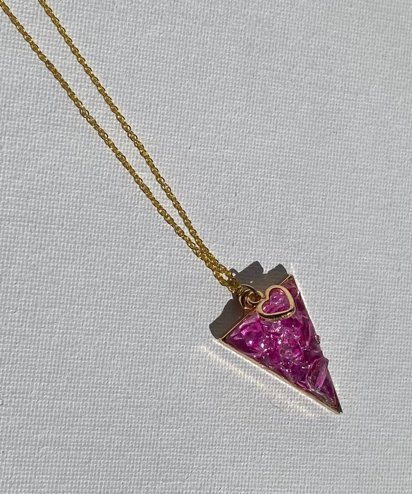 Triangle Barbiecore Pink Necklace - Made from Recycled Glass -  Heart Charm