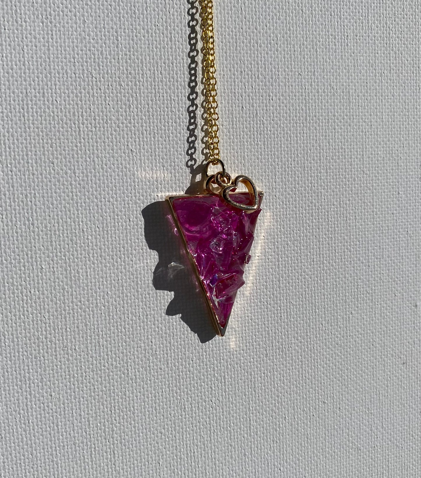 Triangle Barbiecore Pink Necklace - Made from Recycled Glass -  Heart Charm