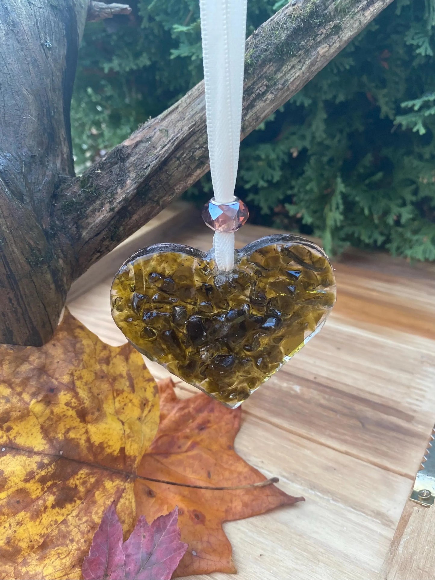 Woodland Amber Perfectly Imperfect Heart Ornament - Recycled Wine Bottle - Amber