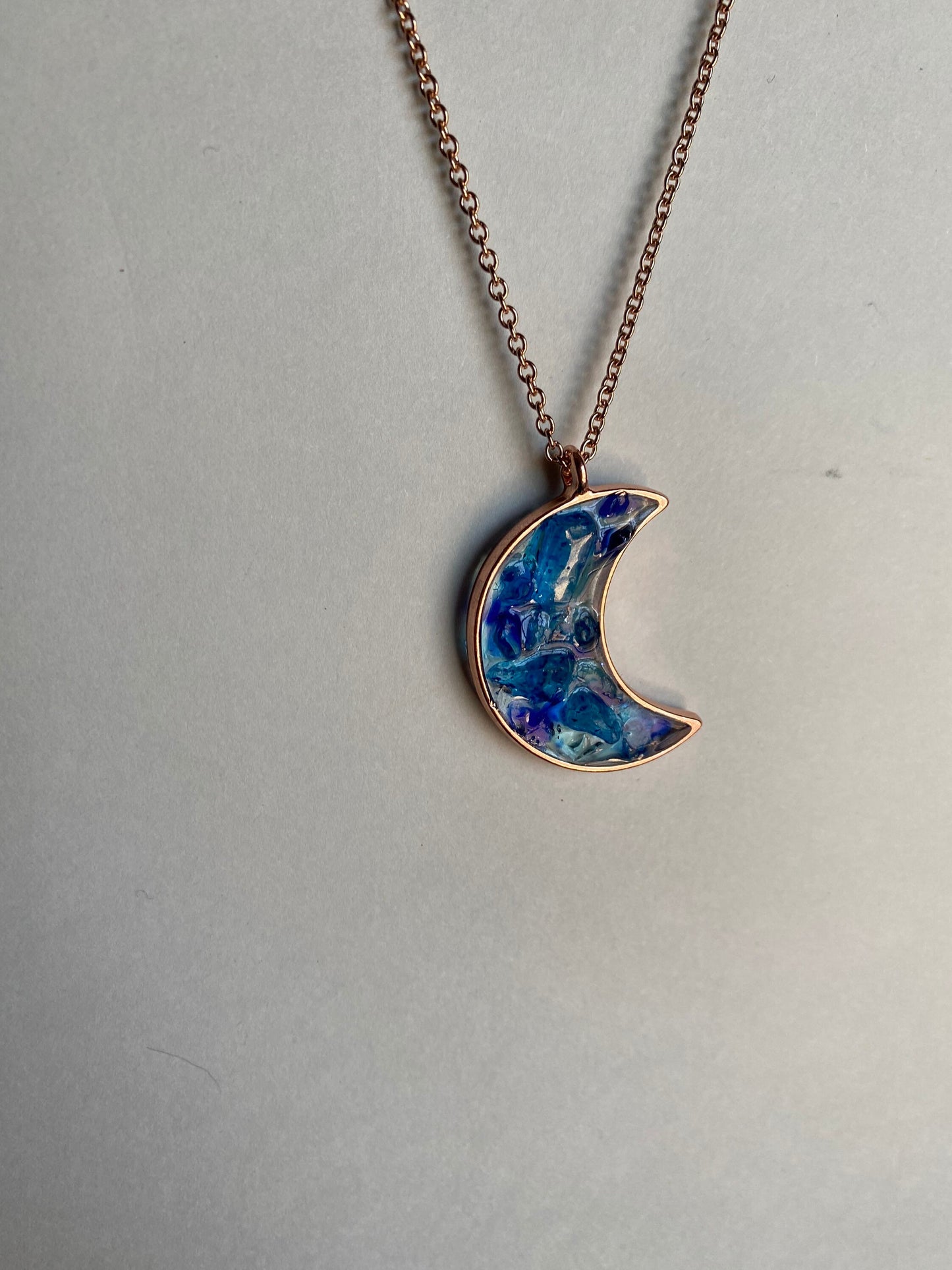 Blue Moon Shimmer Pendant- Recycled Blue Glass and Faux Rose Gold Necklace