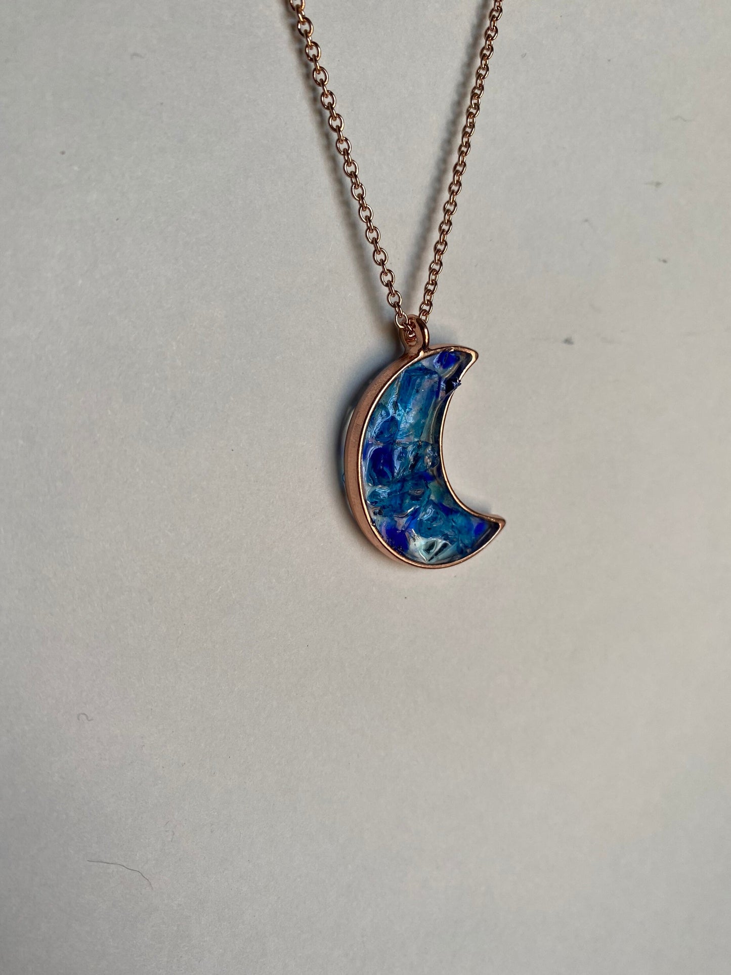 Blue Moon Shimmer Pendant- Recycled Blue Glass and Faux Rose Gold Necklace