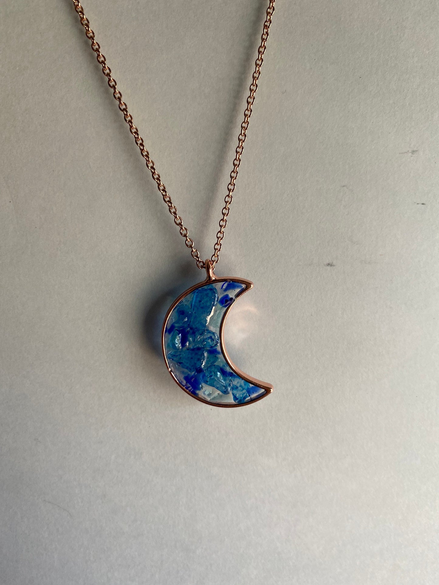 Blue Moon Shimmer Pendant- Recycled Blue Glass and Faux Rose Gold Necklace