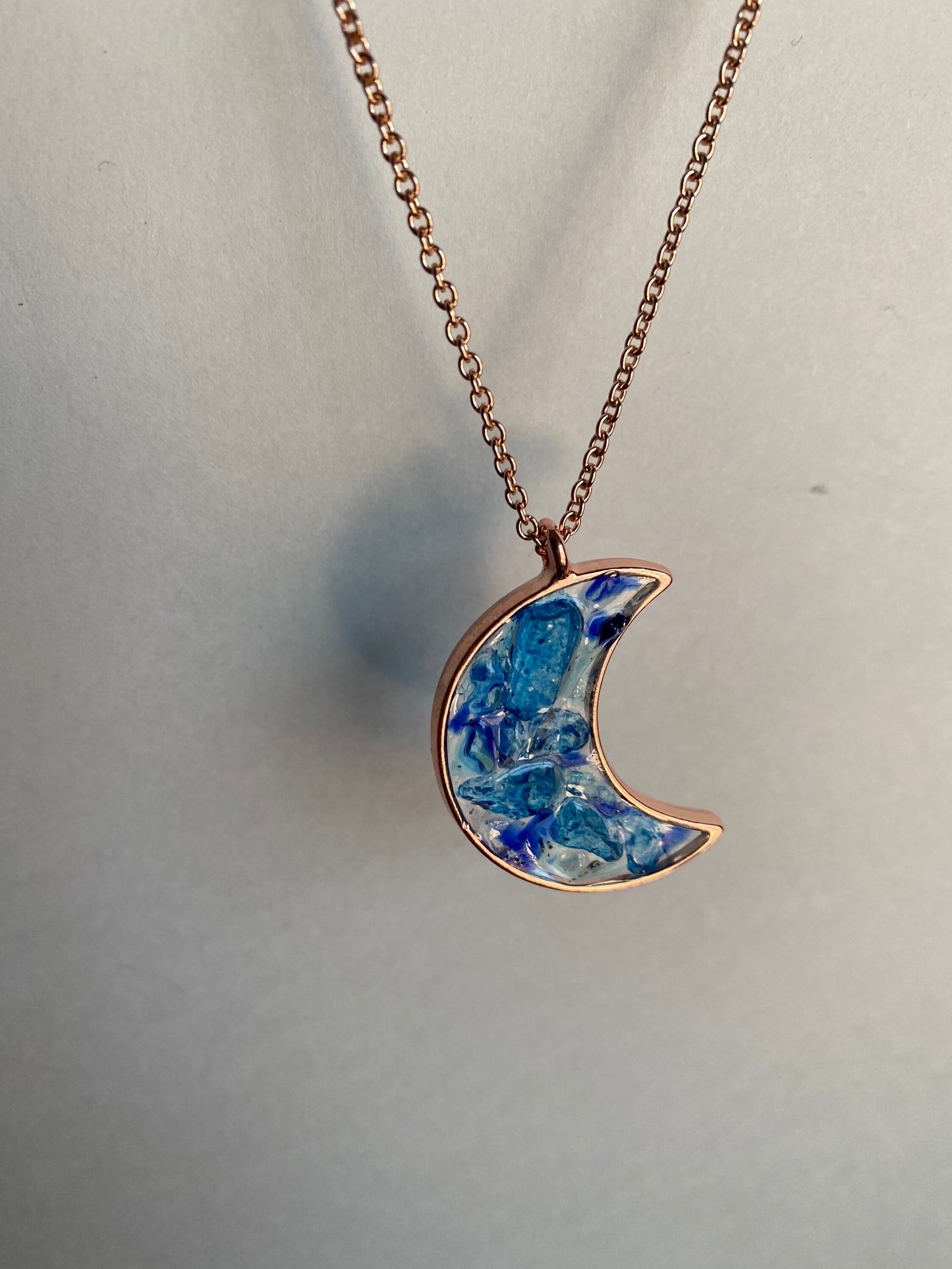 Blue Moon Shimmer Pendant- Recycled Blue Glass and Faux Rose Gold Necklace