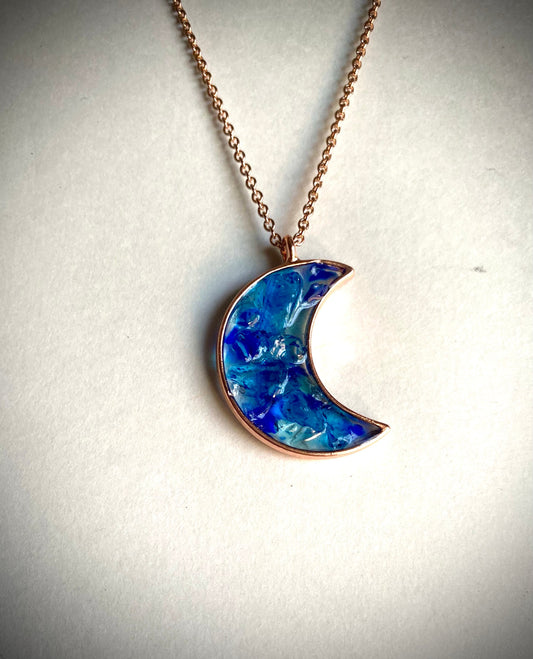 Blue Moon Shimmer Pendant- Recycled Blue Glass and Faux Rose Gold Necklace