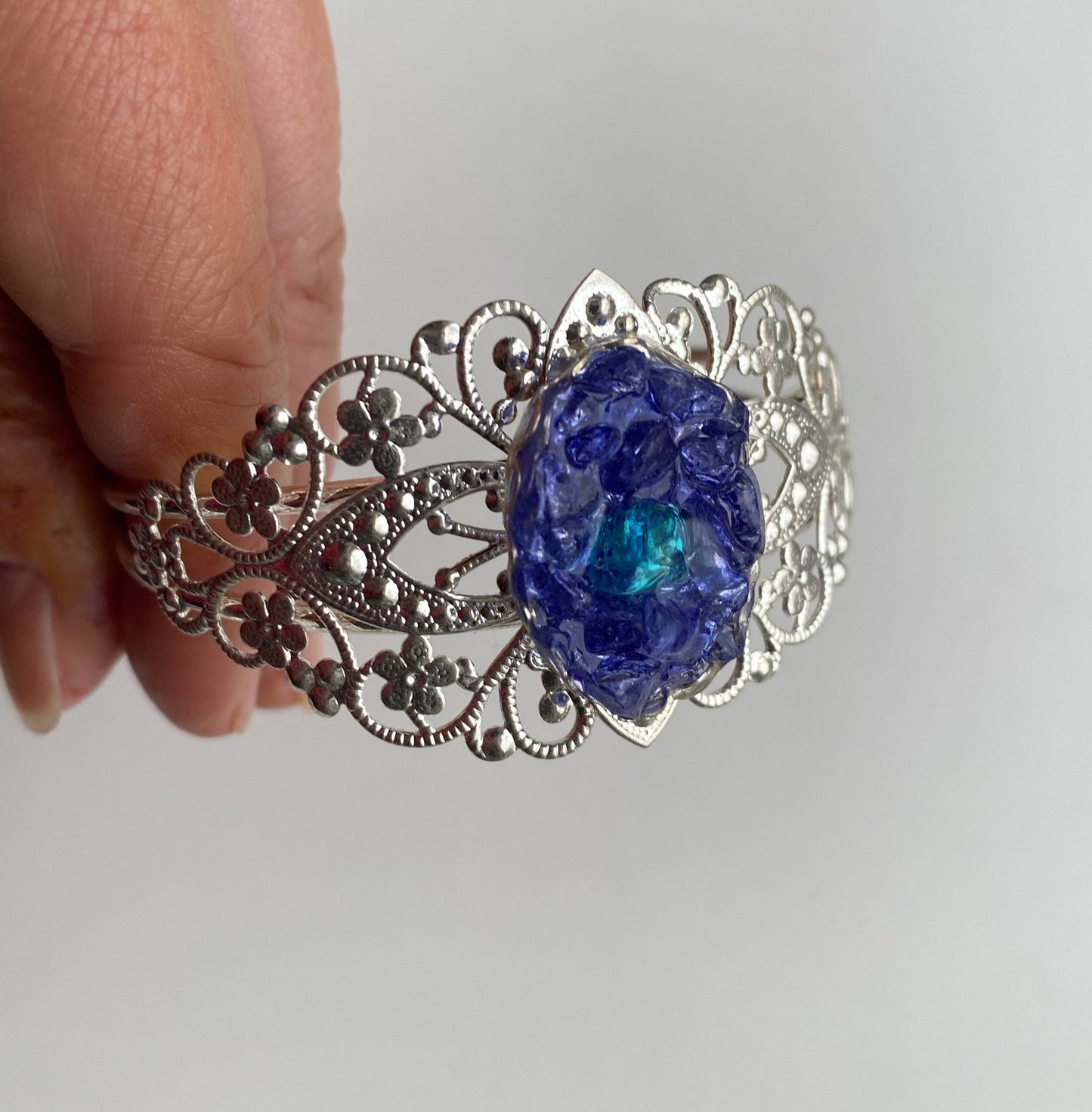 Blue Vibrance Faux Silver Cuff Bracelet with Recycled Glass