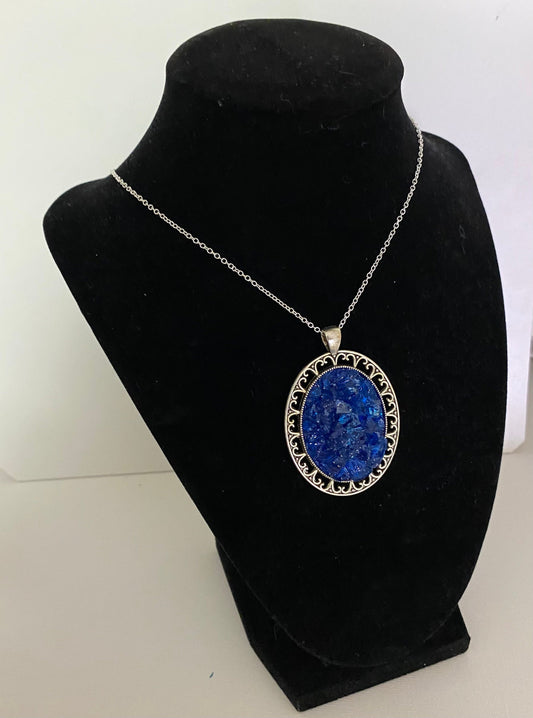 Vibrant Blue Vintage Look Statement Necklace - Large Pendant