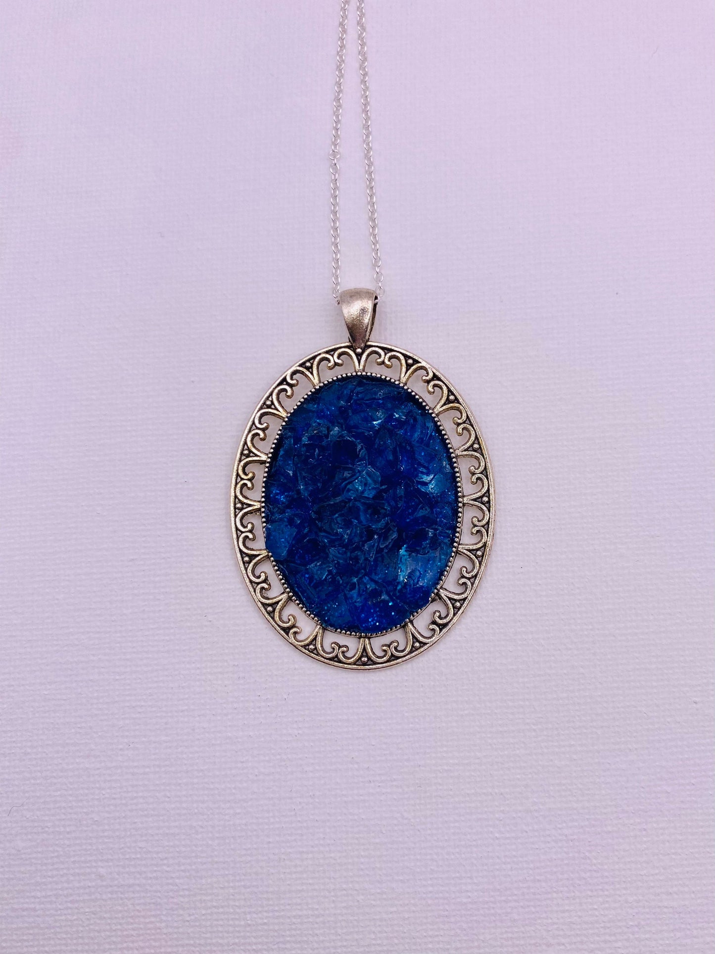 Vibrant Blue Vintage Look Statement Necklace - Large Pendant