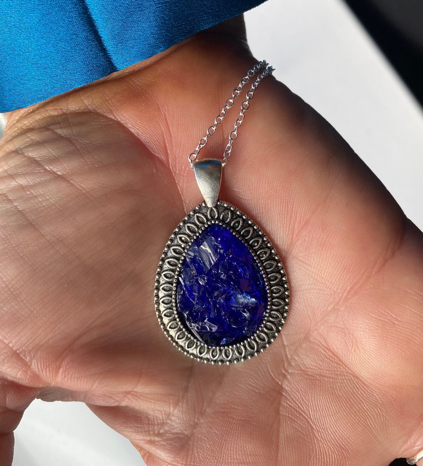 Teardrop Blue Pendant with Faux Silver Statement Necklace