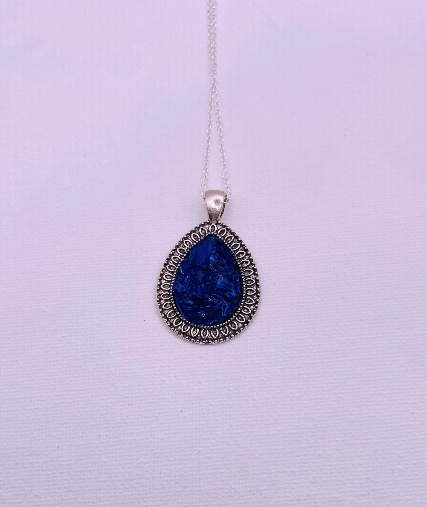 Teardrop Blue Pendant with Faux Silver Statement Necklace