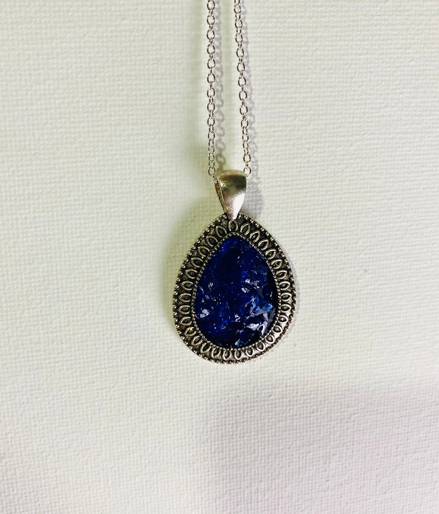 Teardrop Blue Pendant with Faux Silver Statement Necklace