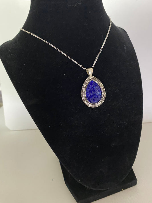 Teardrop Blue Pendant with Faux Silver Statement Necklace