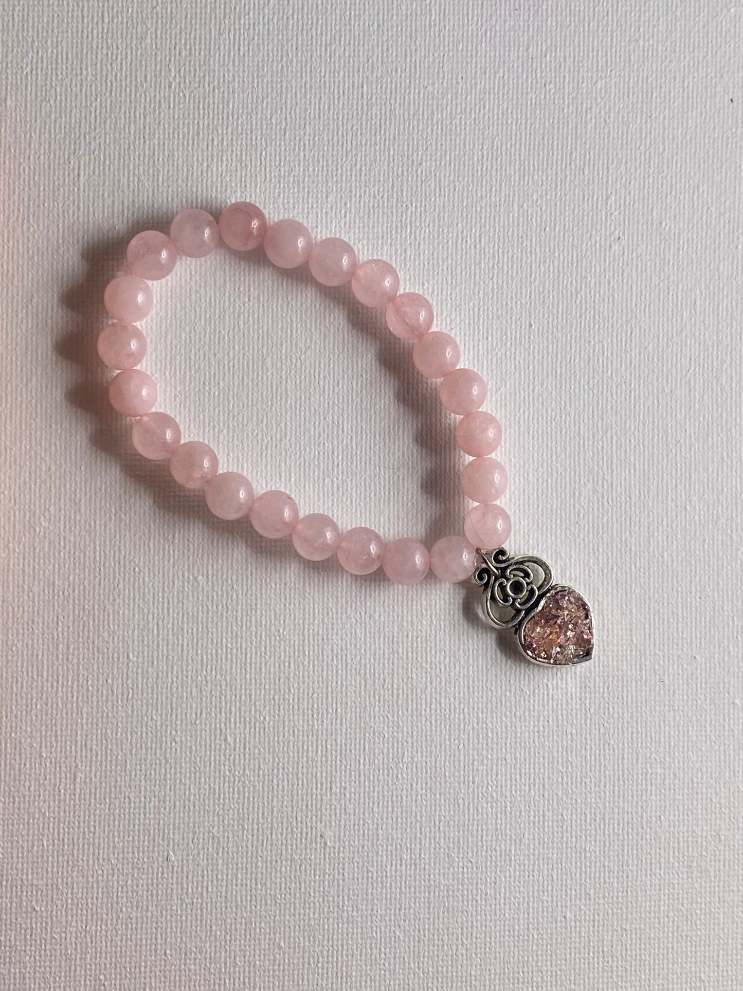 Rose Quartz Gemstone Beaded Bracelet with Recycled Glass Charm