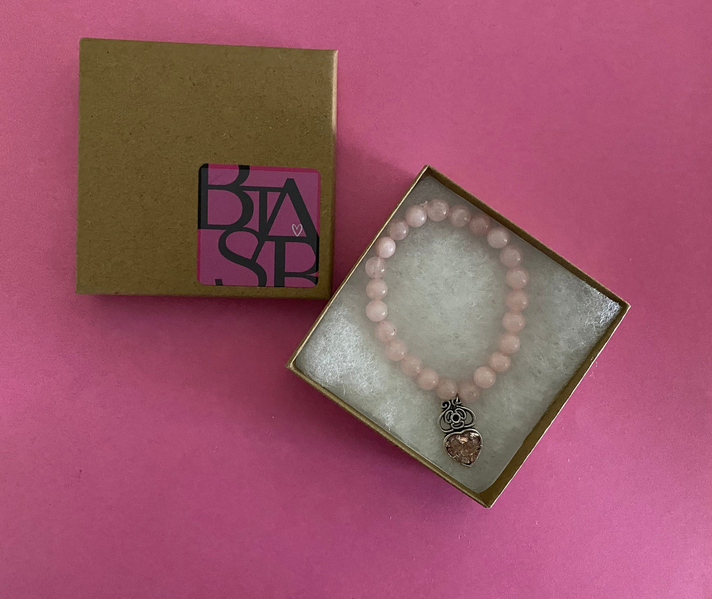 Rose Quartz Gemstone Beaded Bracelet with Recycled Glass Charm