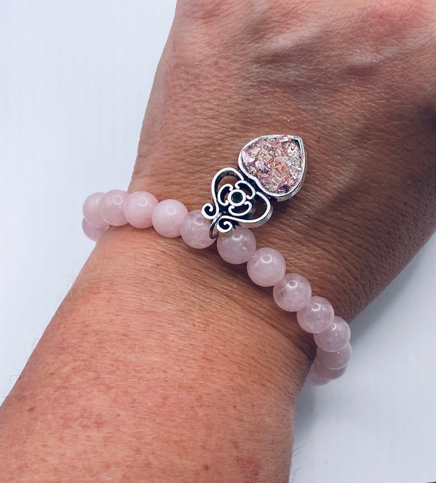 Rose Quartz Gemstone Beaded Bracelet with Recycled Glass Charm