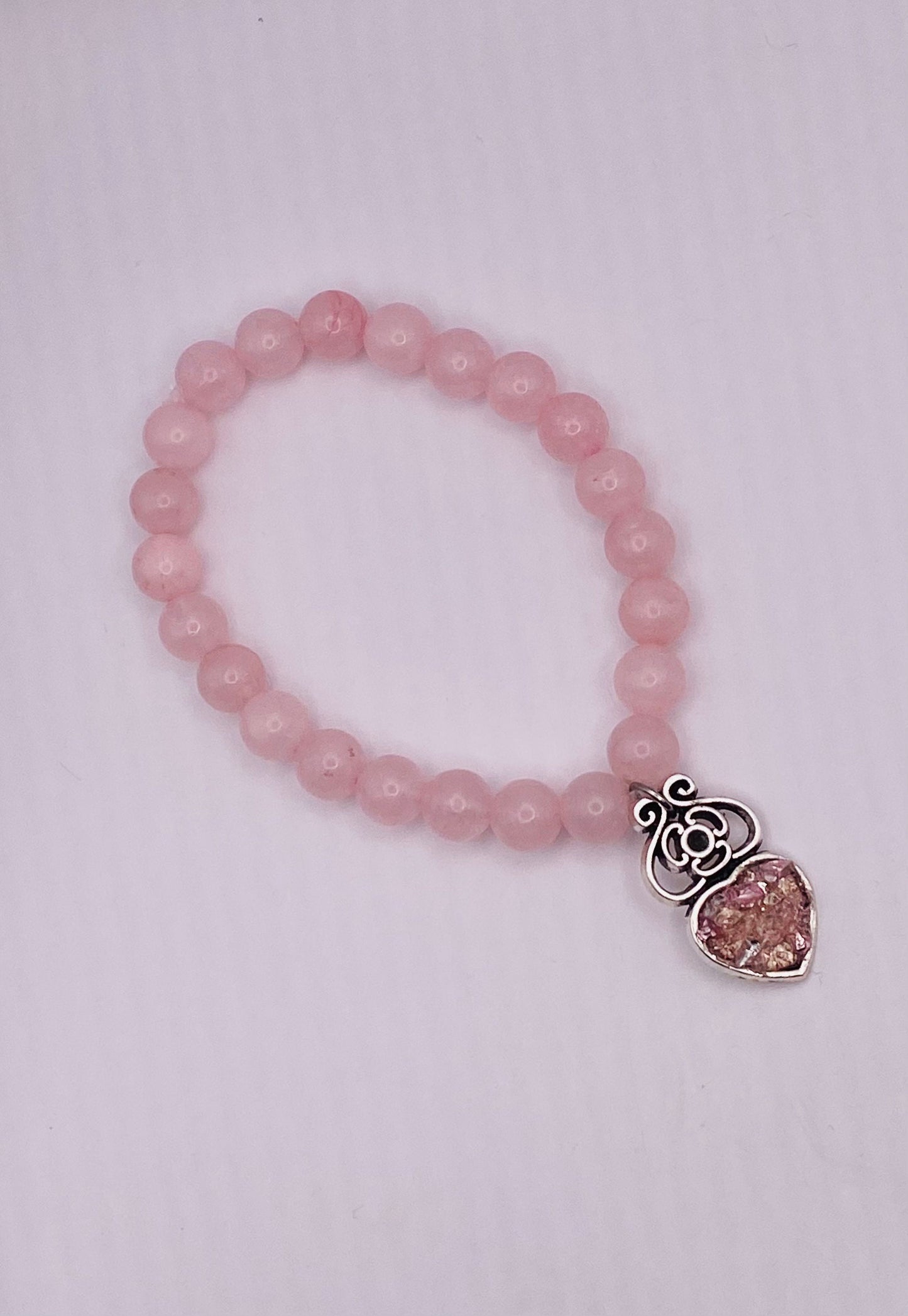 Rose Quartz Gemstone Beaded Bracelet with Recycled Glass Charm