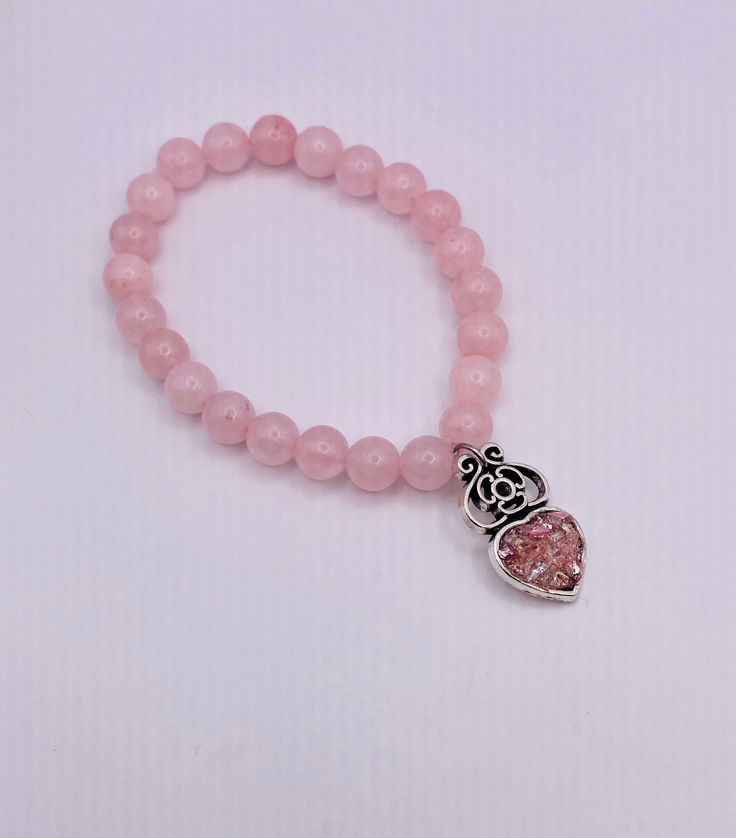 Rose Quartz Gemstone Beaded Bracelet with Recycled Glass Charm