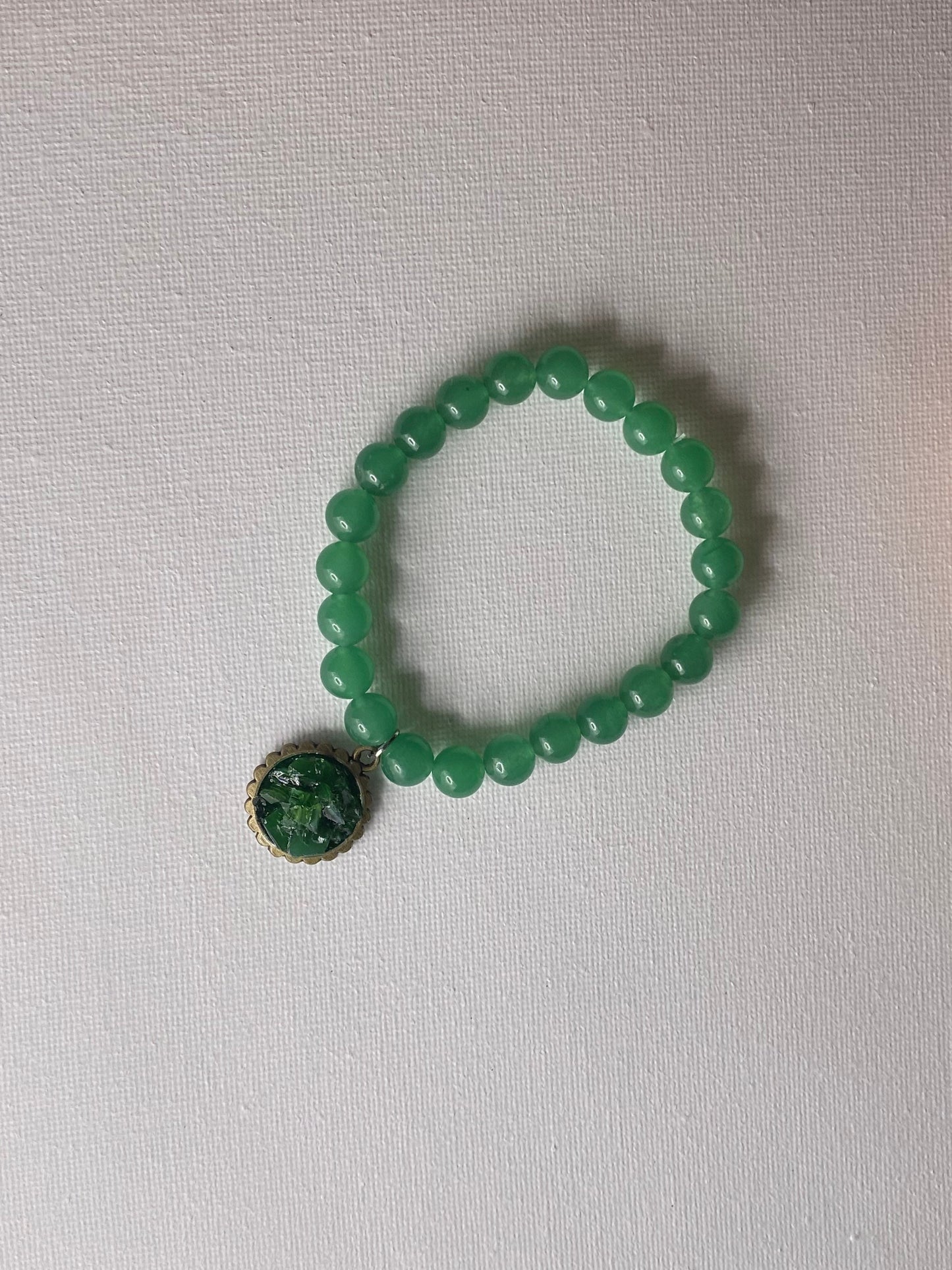 Green Aventurine Gemstone Beaded Bracelet with Recycled Glass Charm