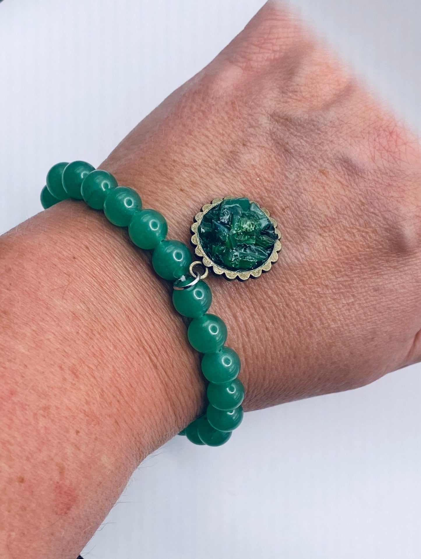 Green Aventurine Gemstone Beaded Bracelet with Recycled Glass Charm