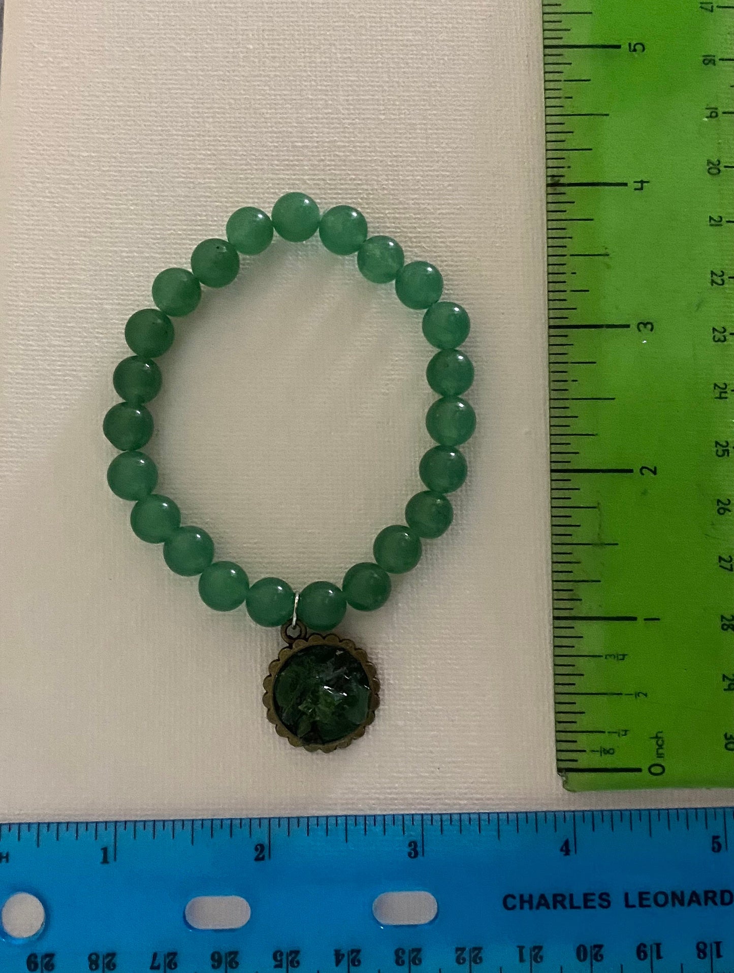 Green Aventurine Gemstone Beaded Bracelet with Recycled Glass Charm