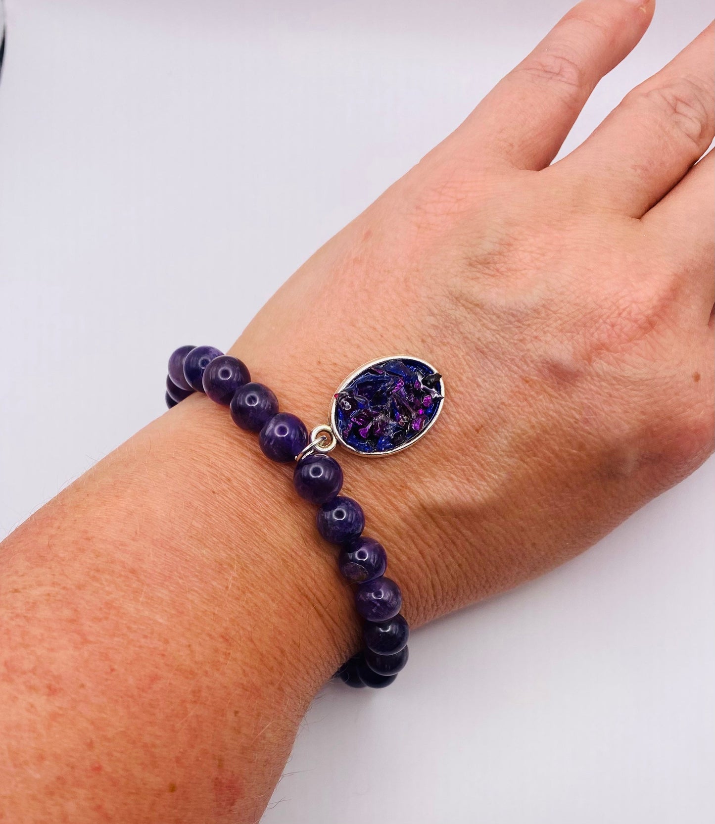 Amethyst Gemstone Beaded Bracelet with Recycled Glass Charm