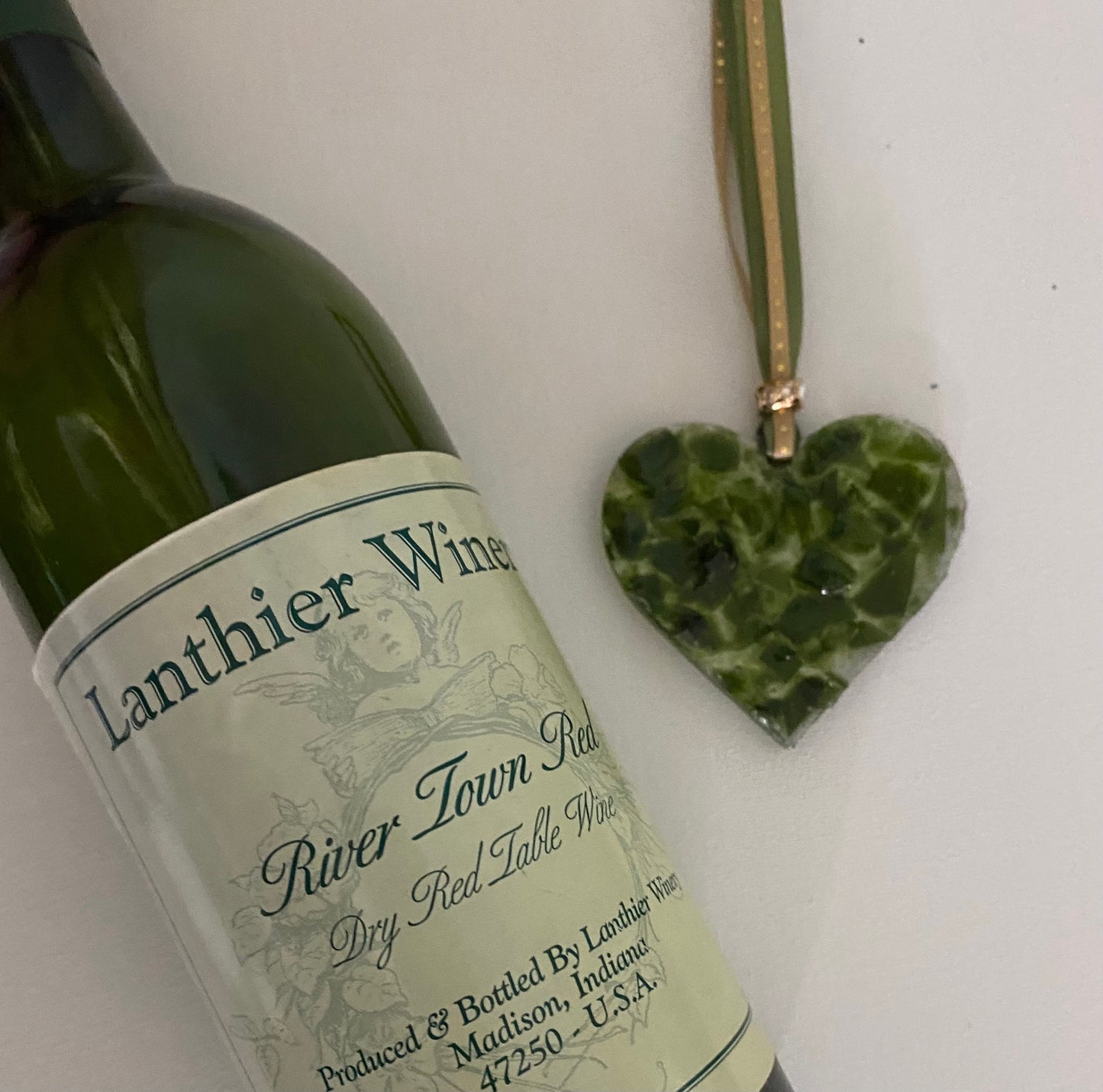 Olive Wine Bottle Perfectly Imperfect Heart Ornament made from Recycled Glass