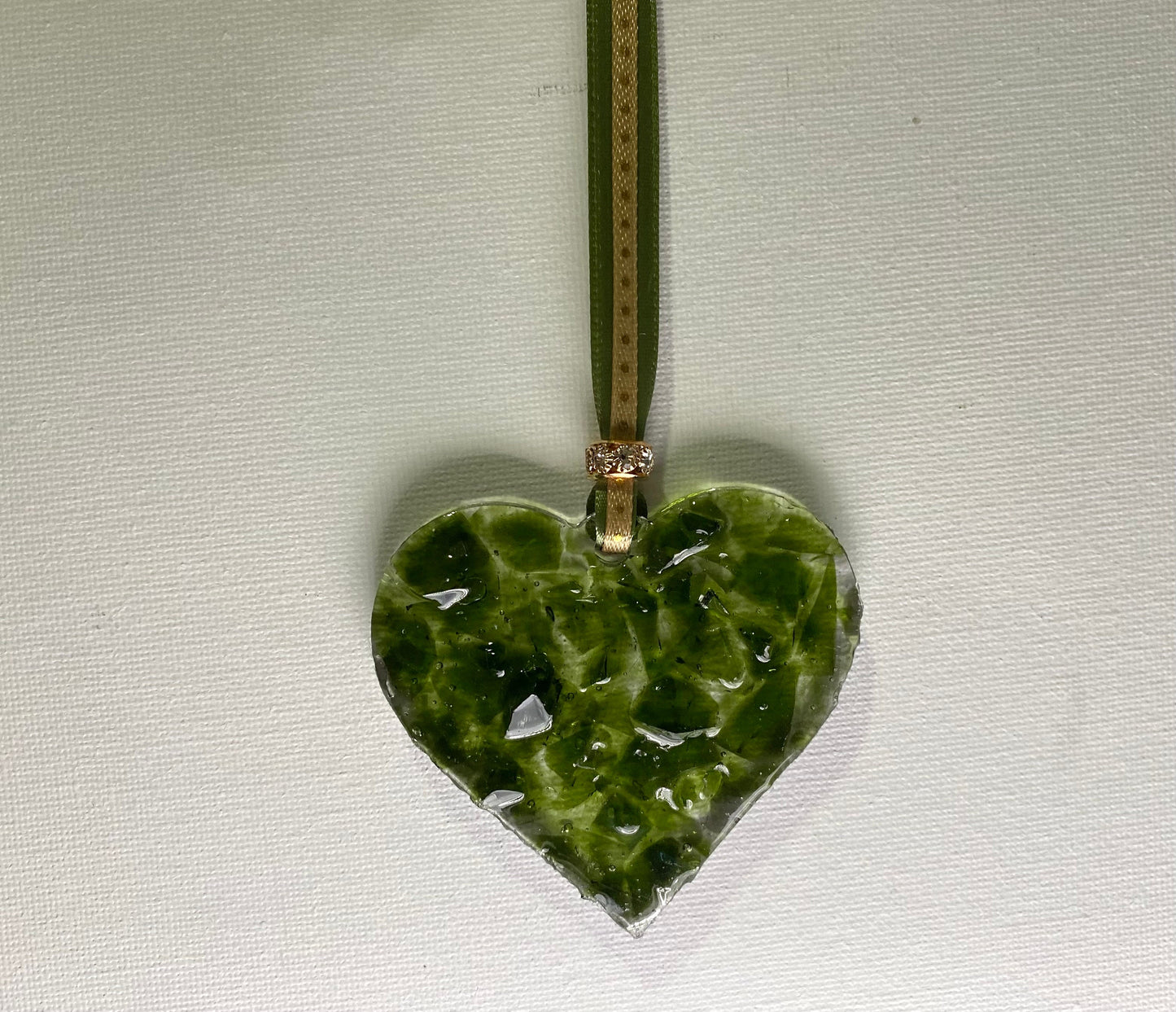 Olive Wine Bottle Perfectly Imperfect Heart Ornament made from Recycled Glass