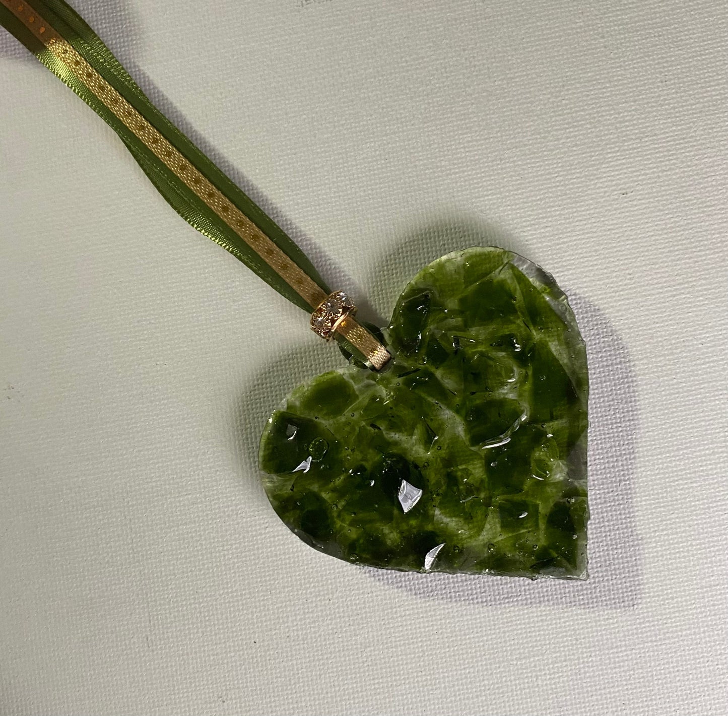 Olive Wine Bottle Perfectly Imperfect Heart Ornament made from Recycled Glass