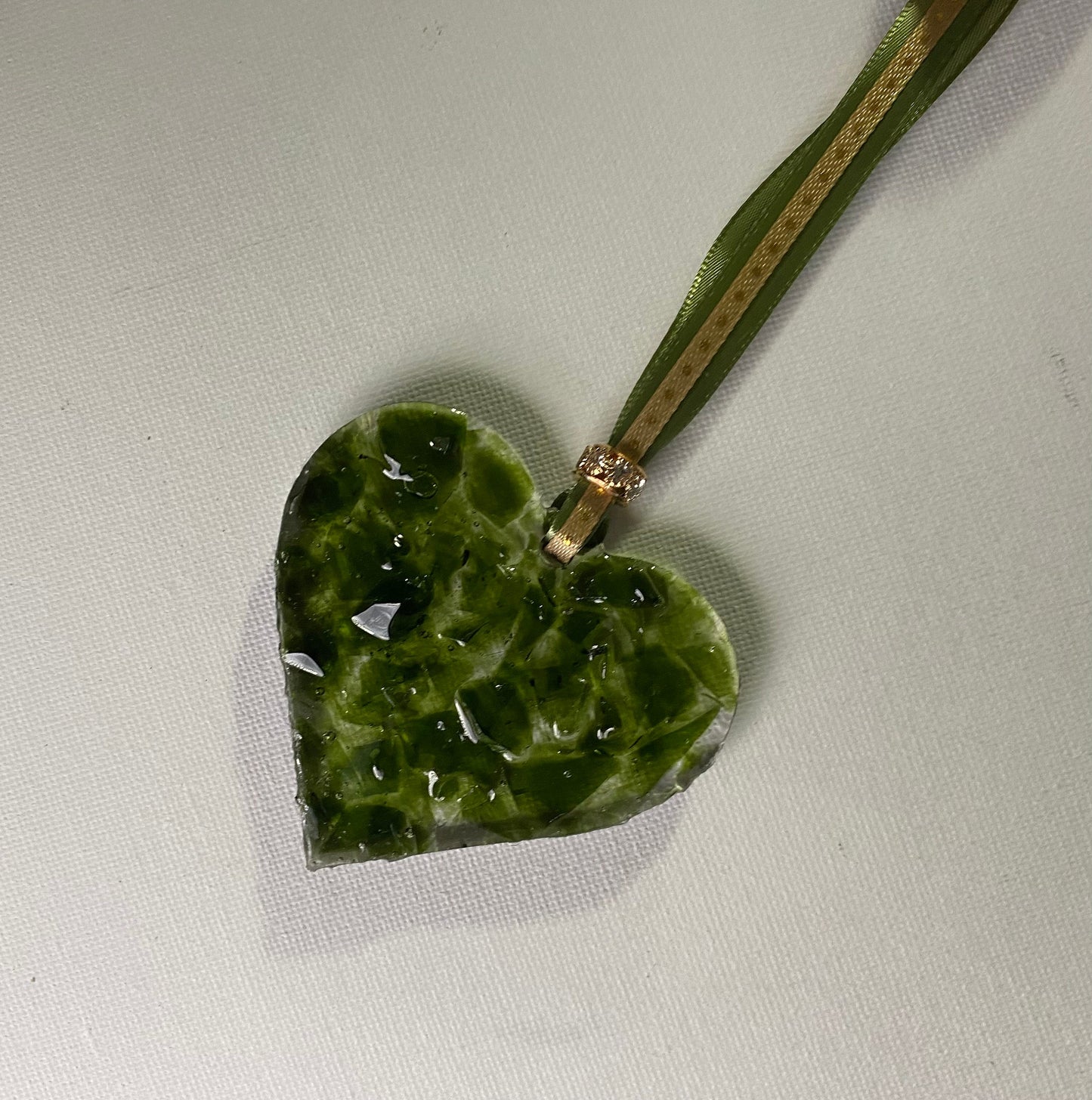 Olive Wine Bottle Perfectly Imperfect Heart Ornament made from Recycled Glass