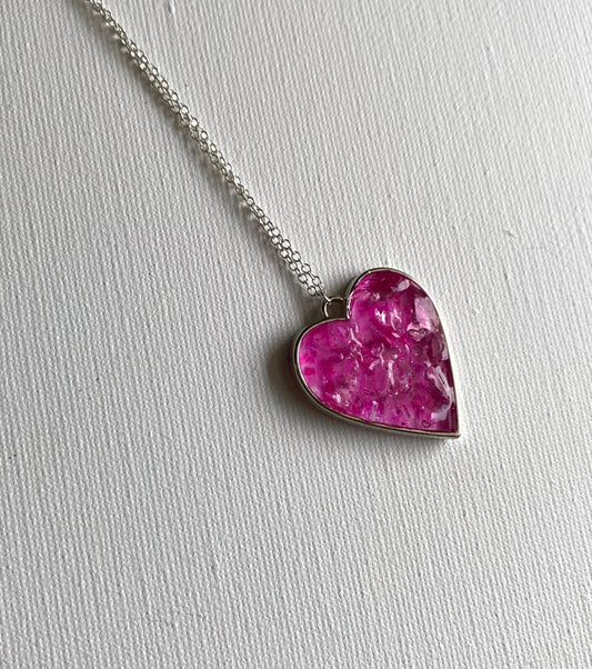 Bright Pink Heart Necklace Recycled Glass